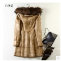 Real Rabbit Leather and Fur Coat with Raccoon Fur on Collar Women Long Style